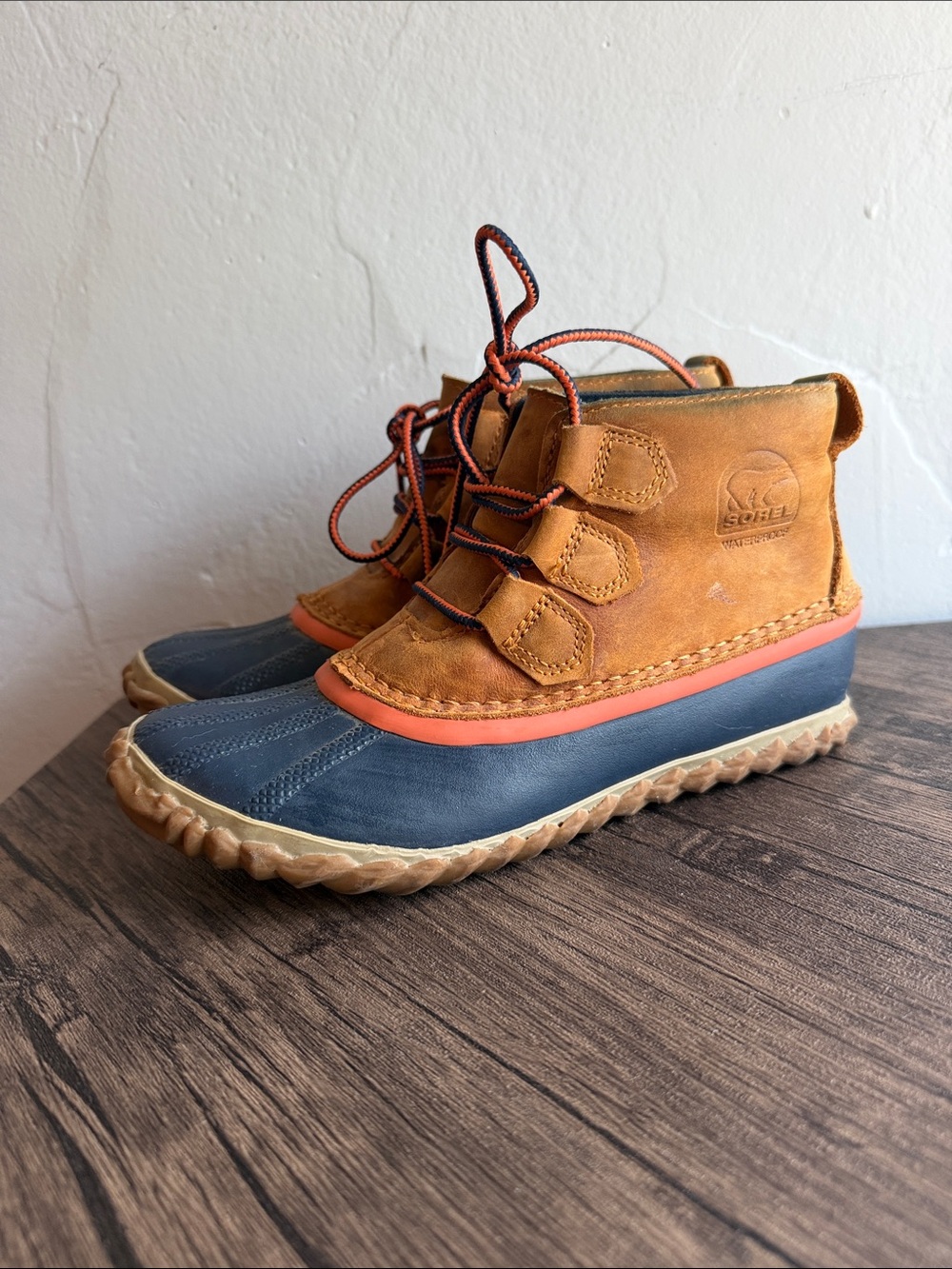Sorel Kids Waterproof Duck Boots in Cognac Leather and Navy